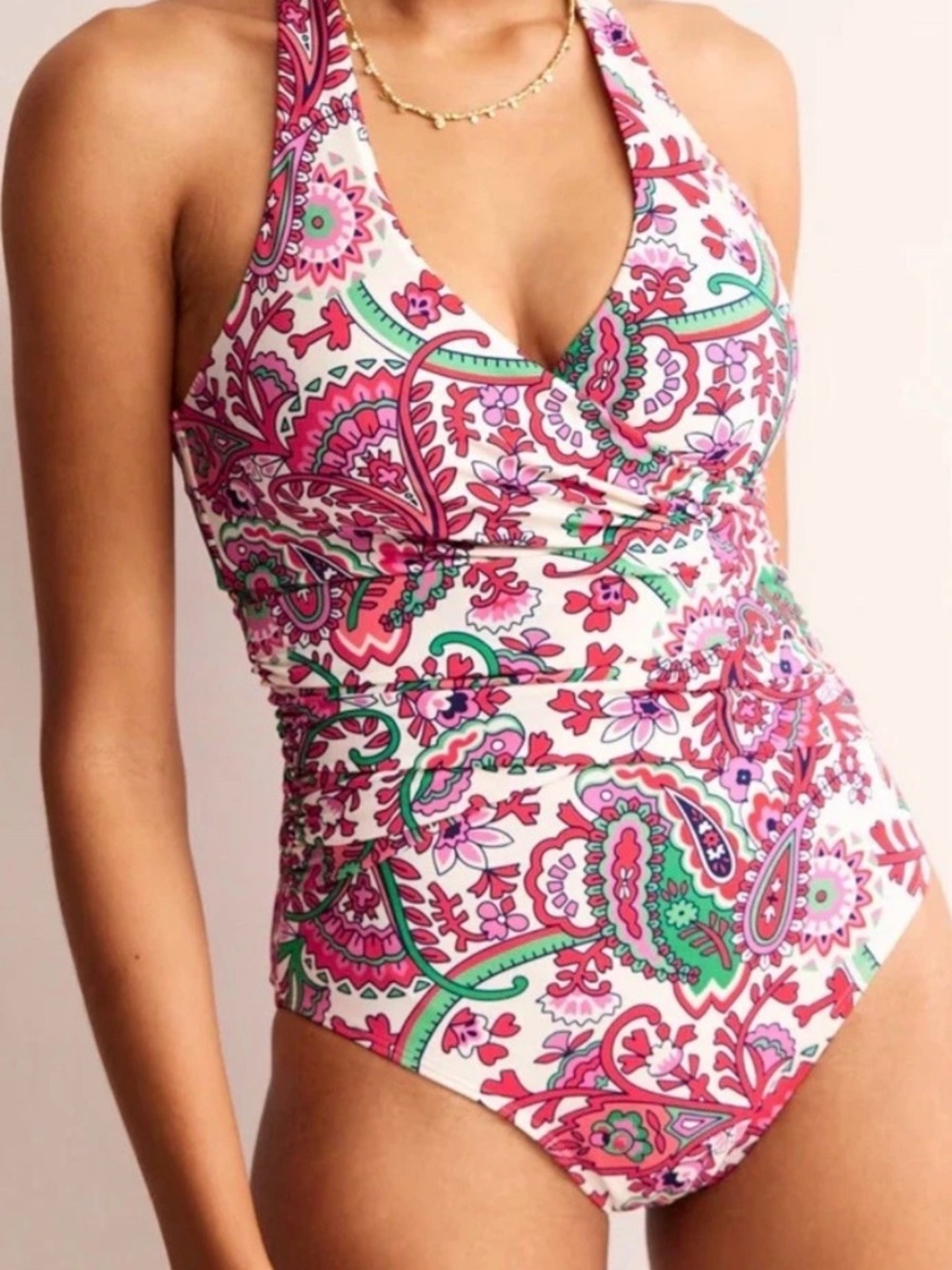 Boden Pink & Green Paisley Halter One-Piece Swimsuit